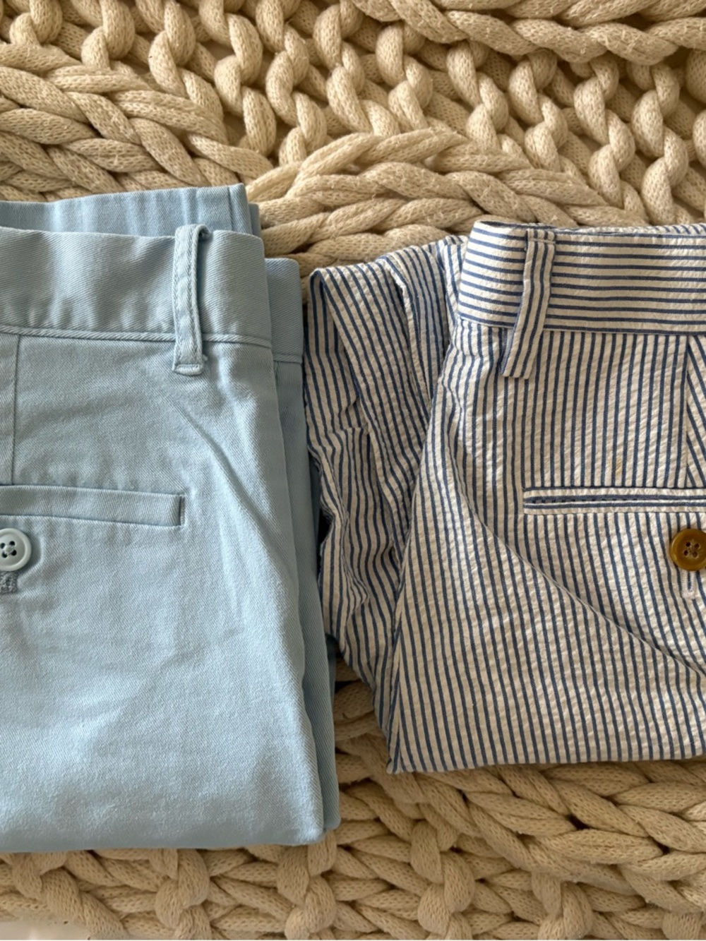 Crewcuts Light Blue Chinos and Blue-White Stripe pants.